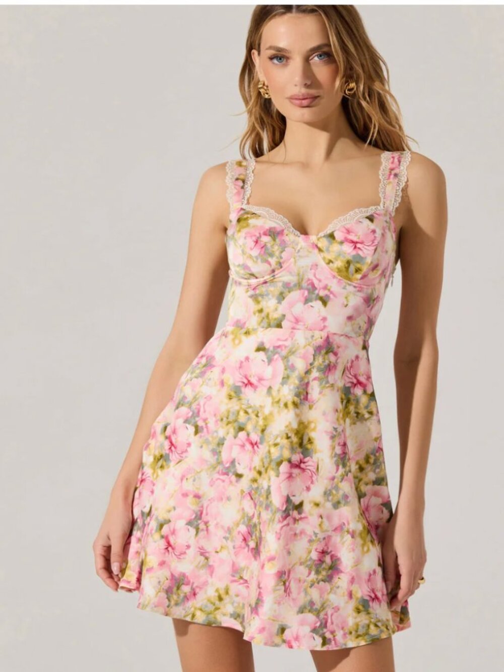 ASTR The Label Alva Satin Floral Mini Dress- Pink Floral- Size Large